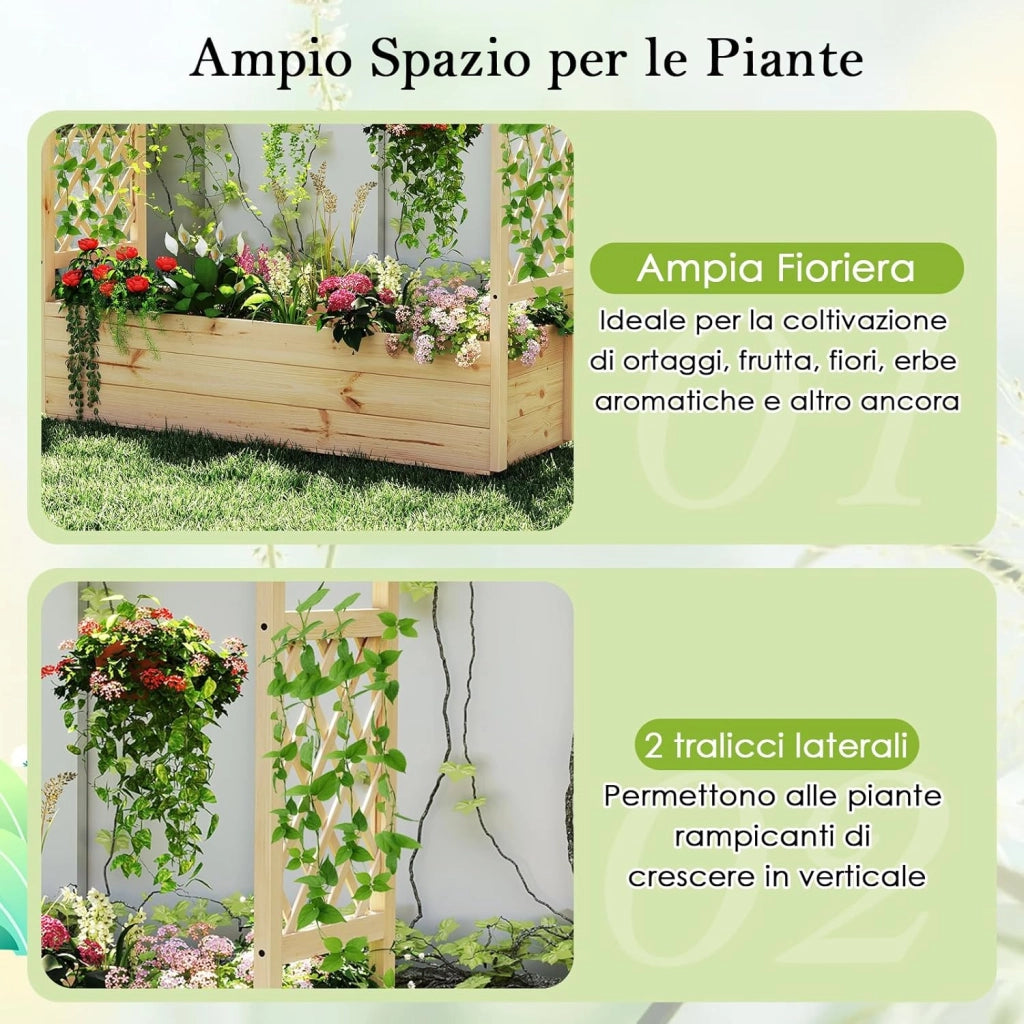 Fioriera da Esterno con Grigliato, Letto Rialzato in Legno di Pino per Piante Rampicanti con Traliccio e Fori di Drenaggio, Aiuola Elevata da Giadino e Cortile (148 x 50 x 103 cm)