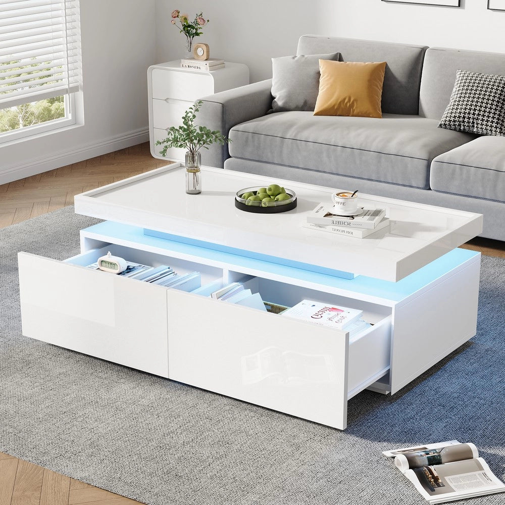 Tavolino da Caff¨¨ con LED e Cassetti ¨C MINIMAL ¨C Bianco Lucido, Design Moderno