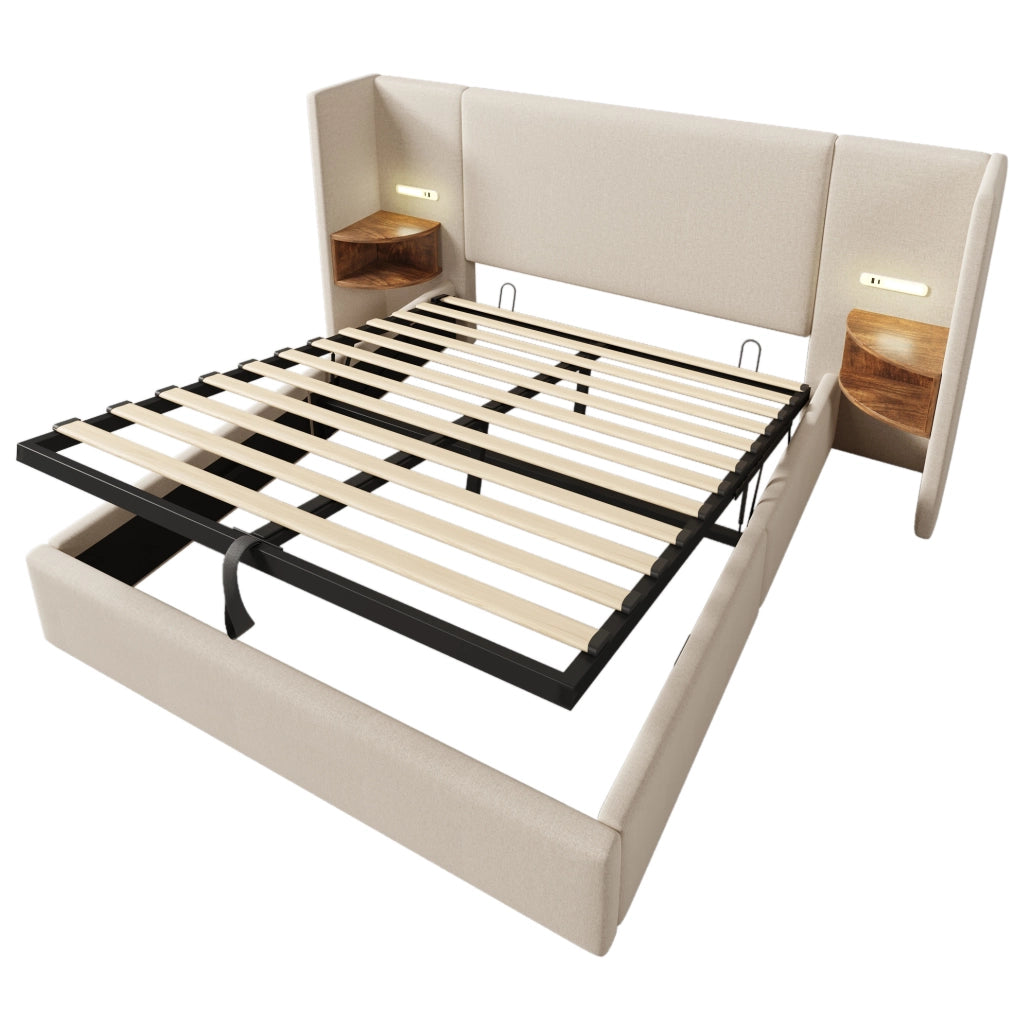 Letto matrimoniale 160x200 cm in lino beige con contenitore; lampada da lettura e porte USB Type-C