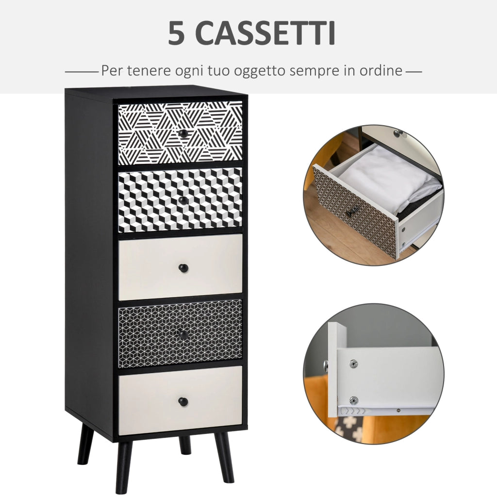 Cassettiera 5 Cassetti 39,5x39,5x110 cm in MDF Nera e Grigia