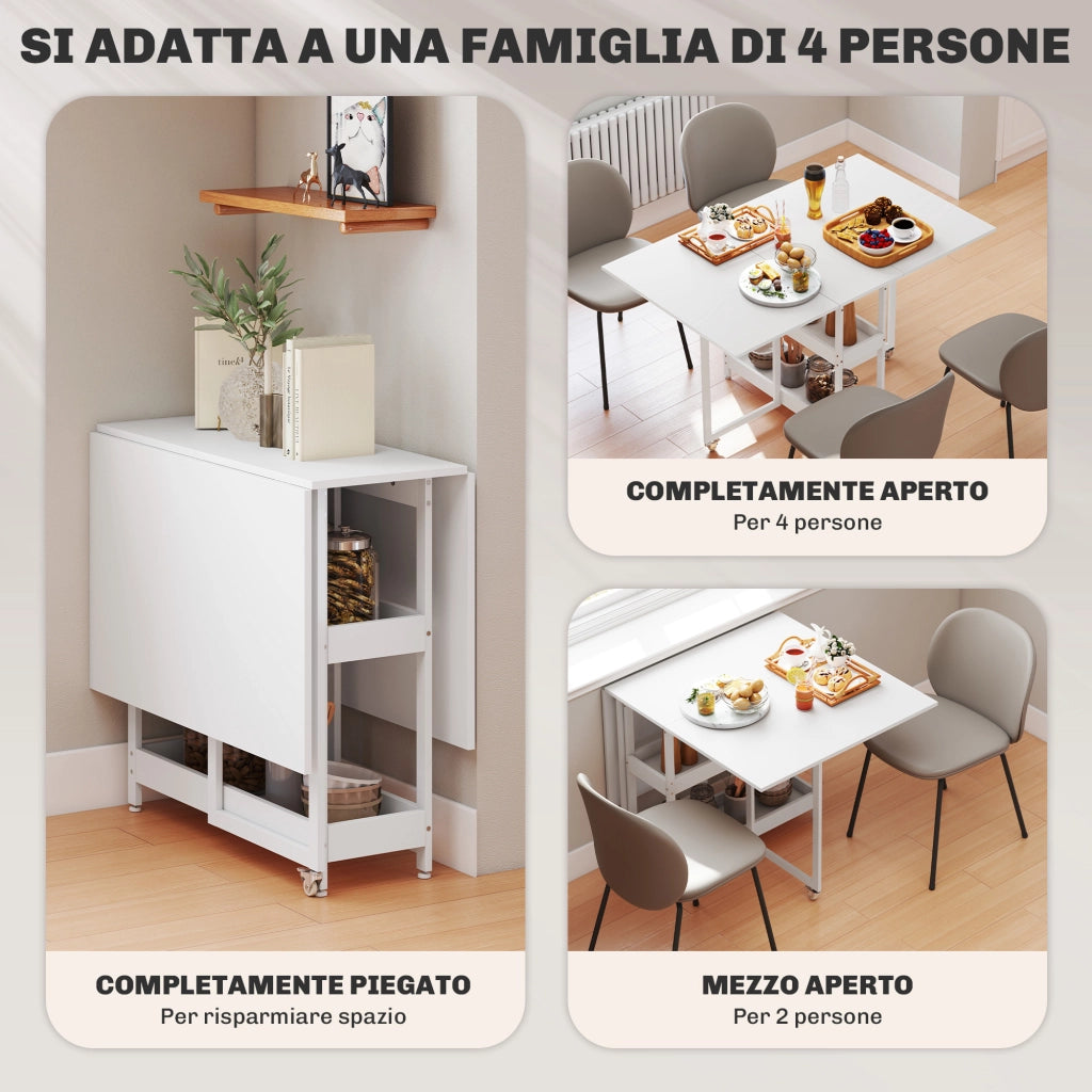 Tavolo Pieghevole a 2 Ribalte per 4 Persone 133,4x80x75 cm con 2 Ripiani Aperti in Legno e Metallo Bianco