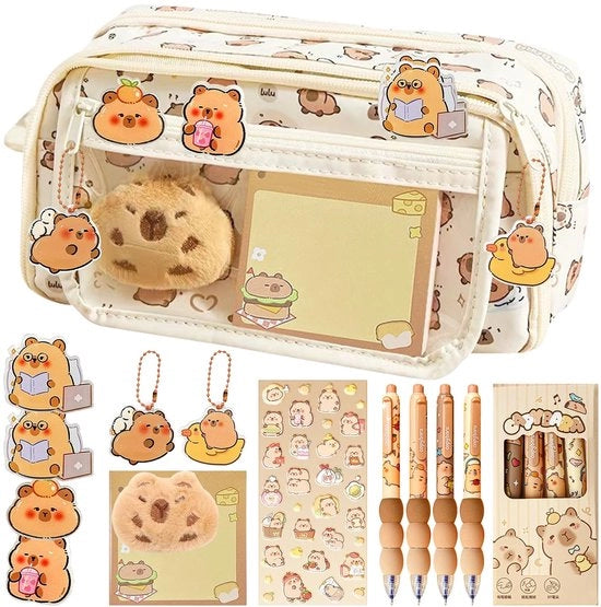 Etui per capybara con set di matite e pennarelli Multistrato Grande capacità con catenina Porta stuzzicadenti e biglietti adesivi Etui per bambine e bambini Scuola e materiali scolastici Etui