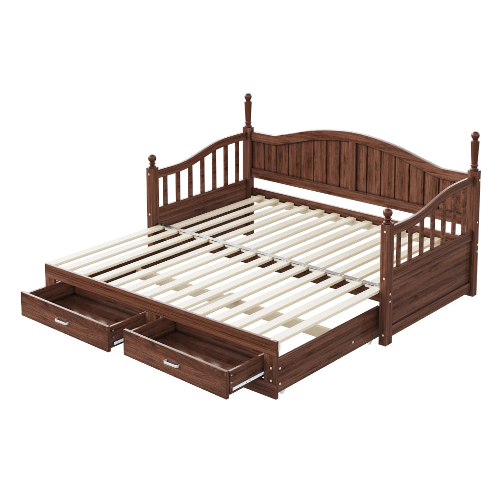 Letto estraibile matrimoniale 90×190 cm e 180×190 cm con 2 cassetti e rete; senza materasso; legno; noce