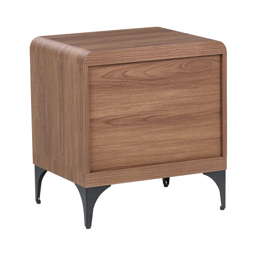 Comodino marrone scuro in MDF con 2 cassetti e gambe in ferro dal design moderno per camera da letto