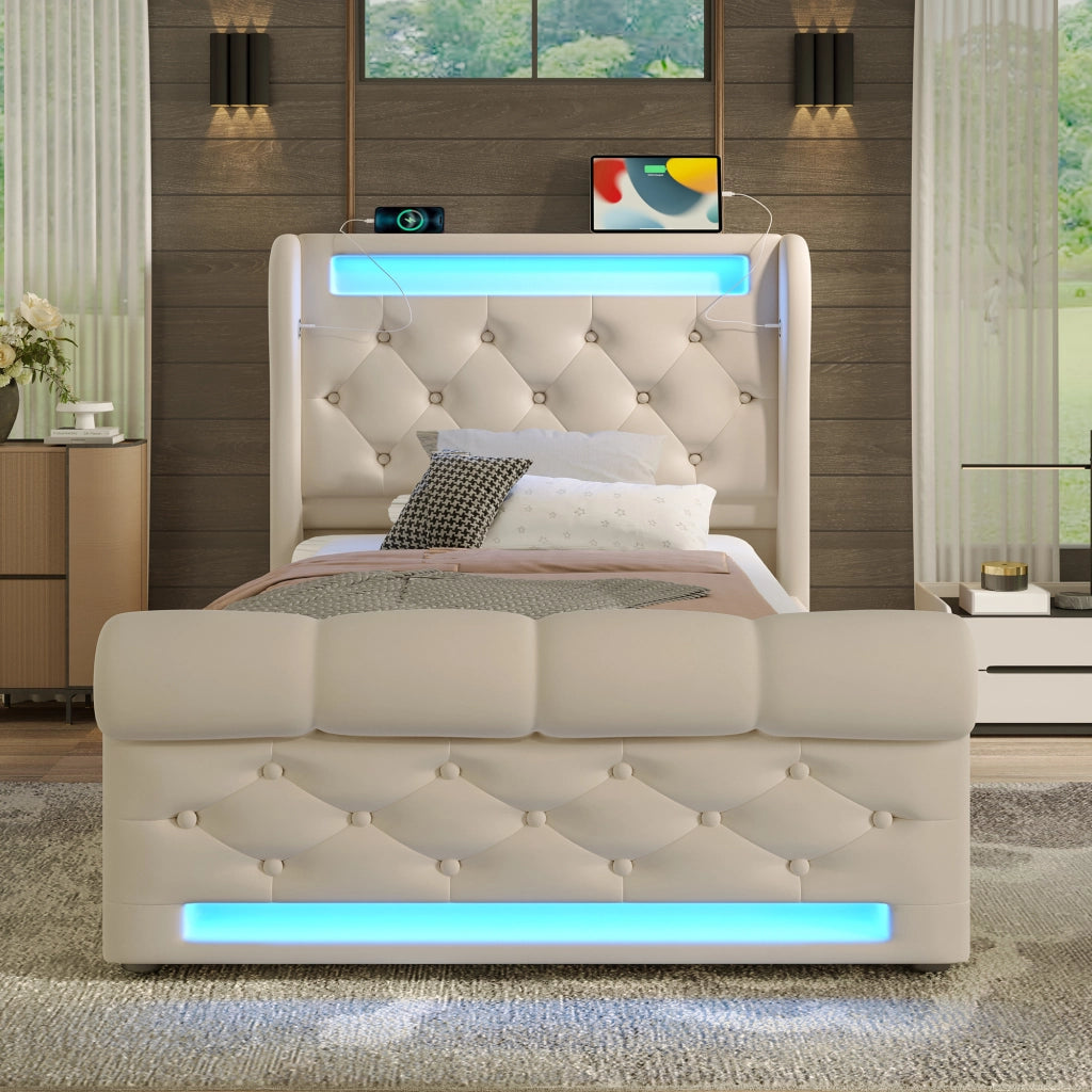 Letto singolo moderno – 90x200 cm – LED USBC contenitore con materasso – velluto beige