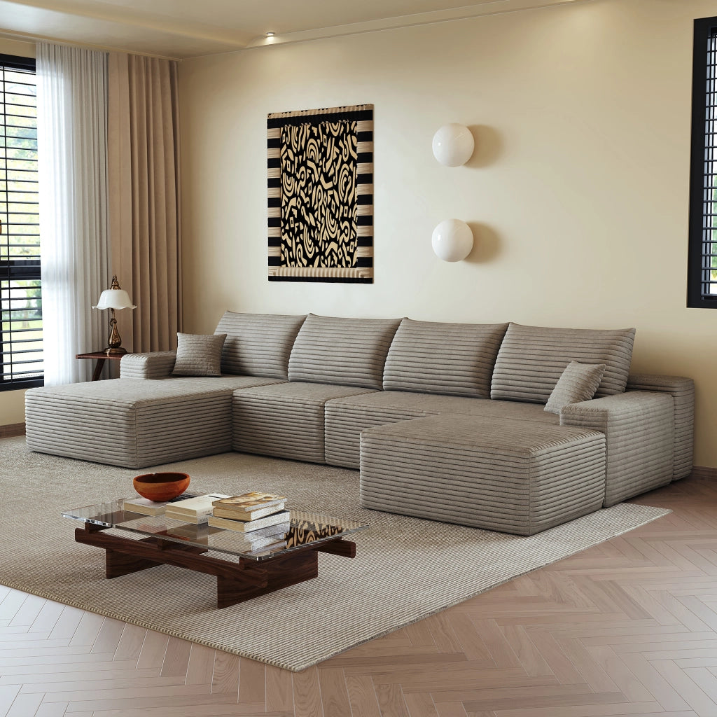 Divano angolare modulare con chaise longue, schiuma ad alta elasticità, in tessuto a coste camel 270 × 175 × 83 cm