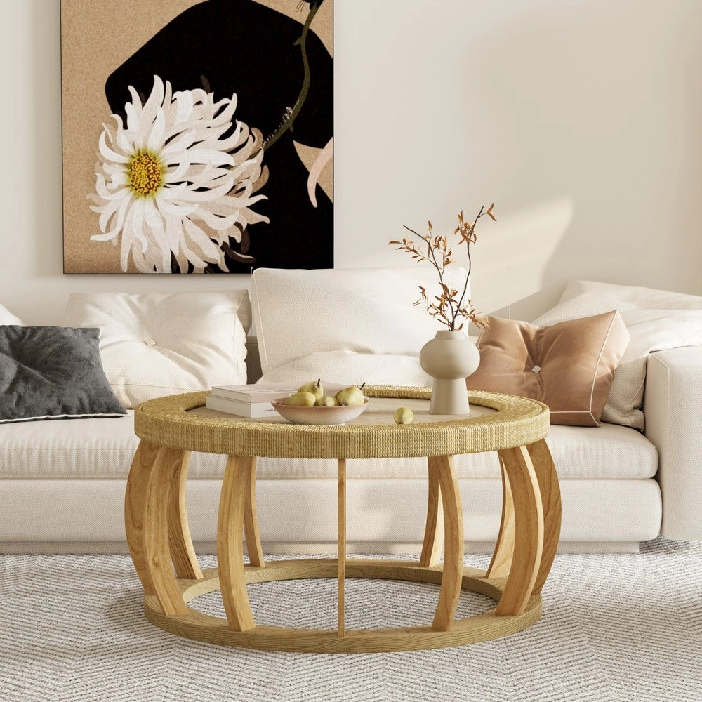 Tavolino da Caff¨¨ Rotondo in Legno Massello e Rattan ¨C MINIMAL ¨C Naturale, Gambe Curve