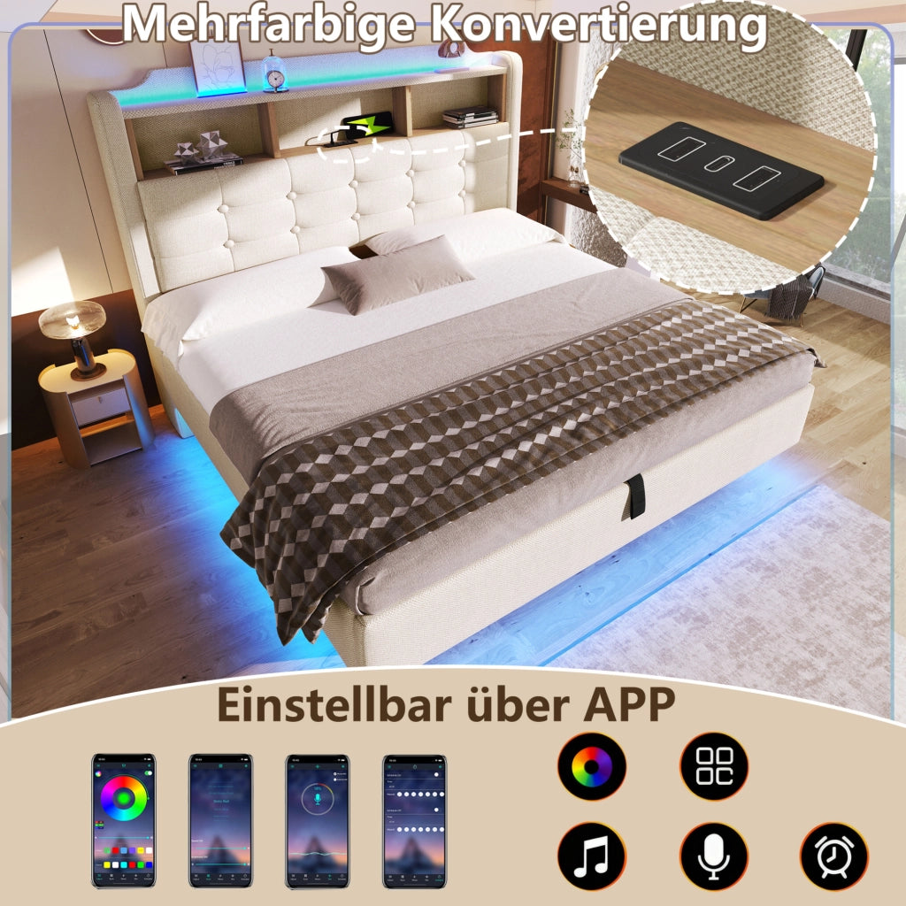 Letto imbottito 140 x 200 cm con LED, contenitore idraulico, USB e Tipo C, beige