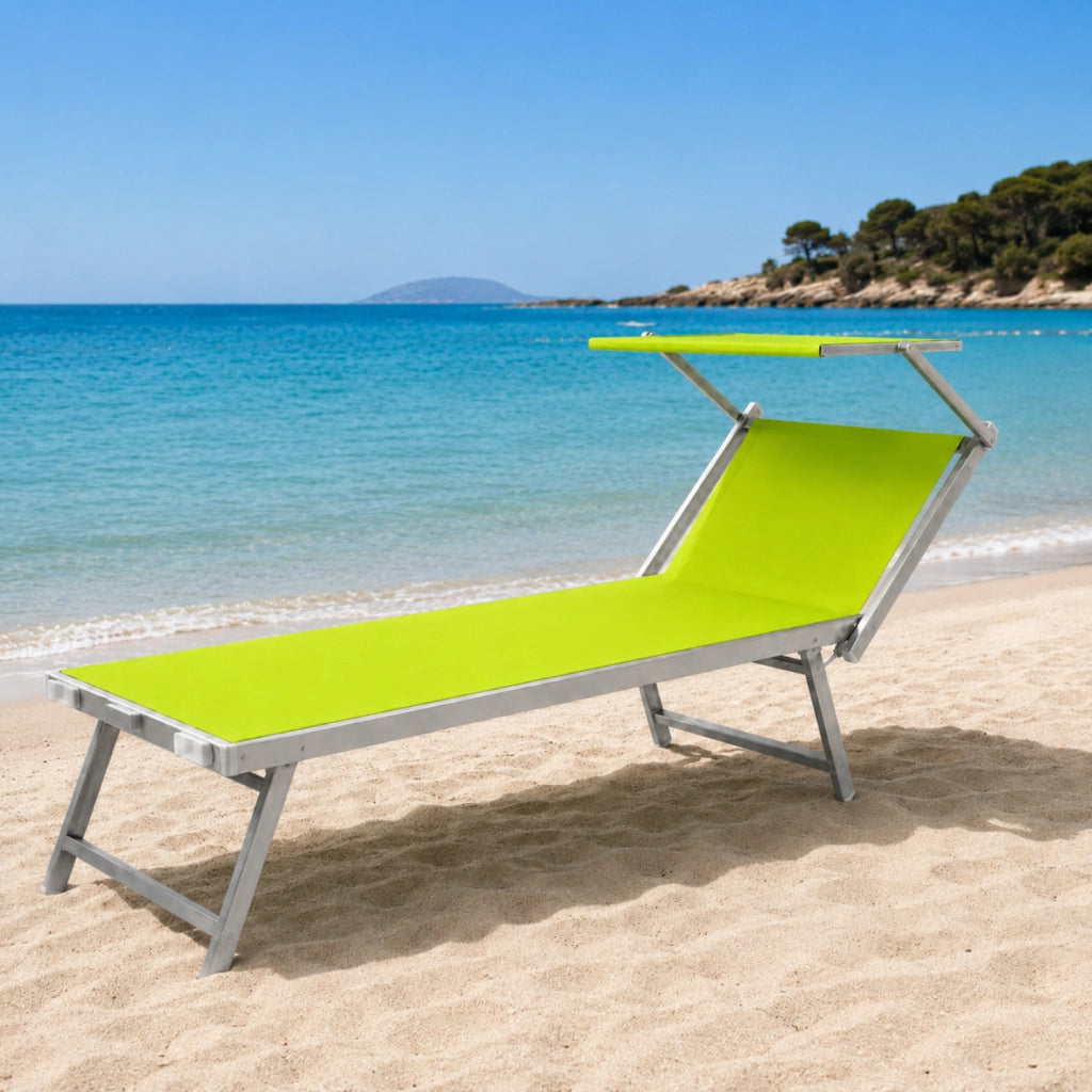 Lettino Sdraio Prendisole Professionale Richiudibile In Alluminio E Textilene con Tettino Parasole Orientabile Lettino Relax Mare Spiaggia Piscina Giardino Solarium 182 x 60 x 38 Cm Verde Fluo