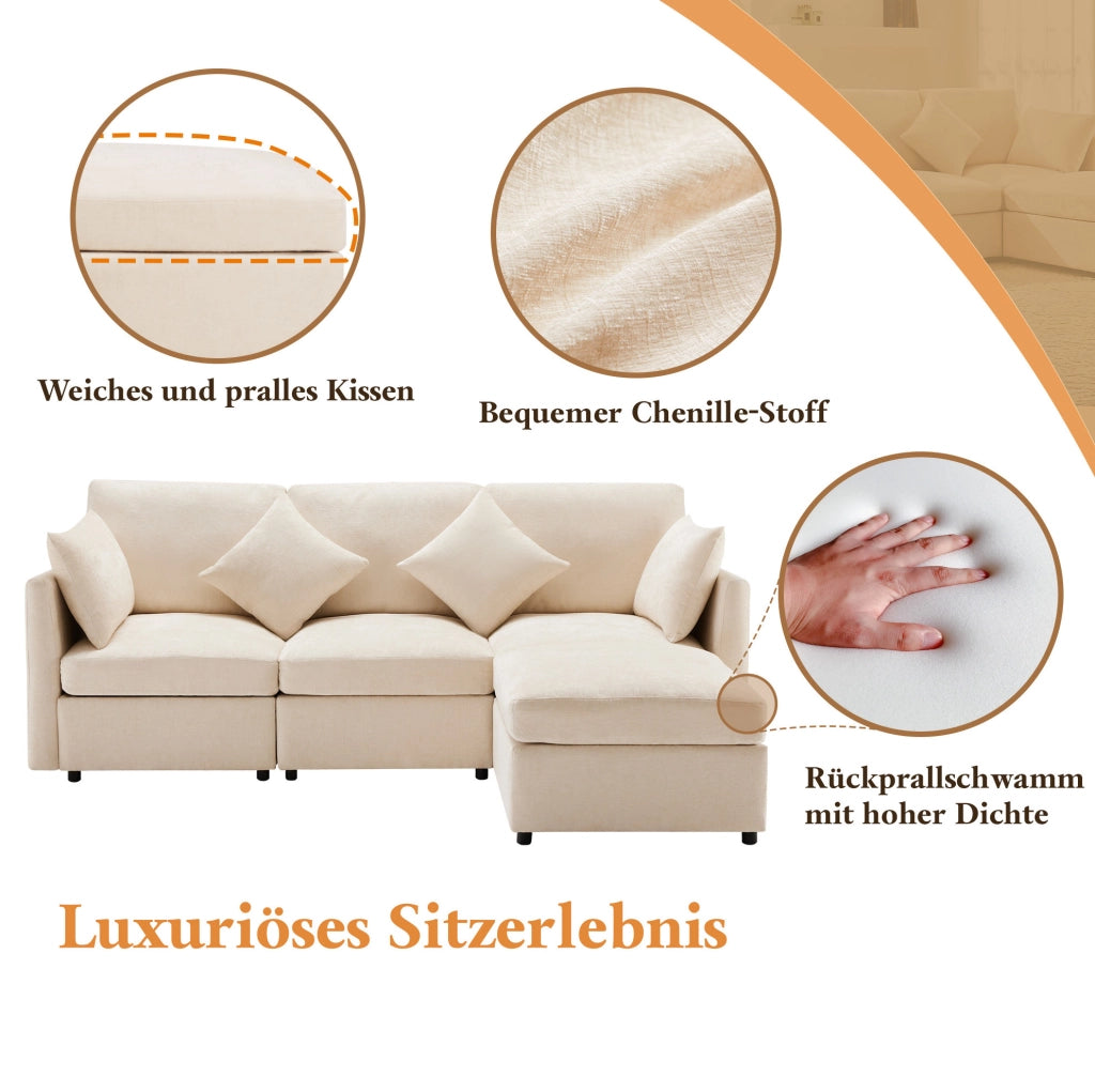 Divano modulare 3 posti con pouf mobile e 4 cuscini in ciniglia beige