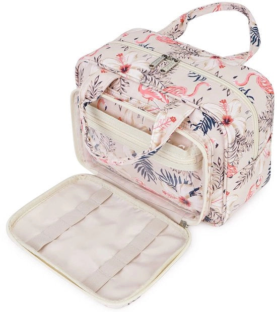 Borsa da toilette per donne, grande borsa da toilette, borsa cosmetica per donne, grande borsa da toilette, borsa make-up per uomini e full size (Beige Flamingo)