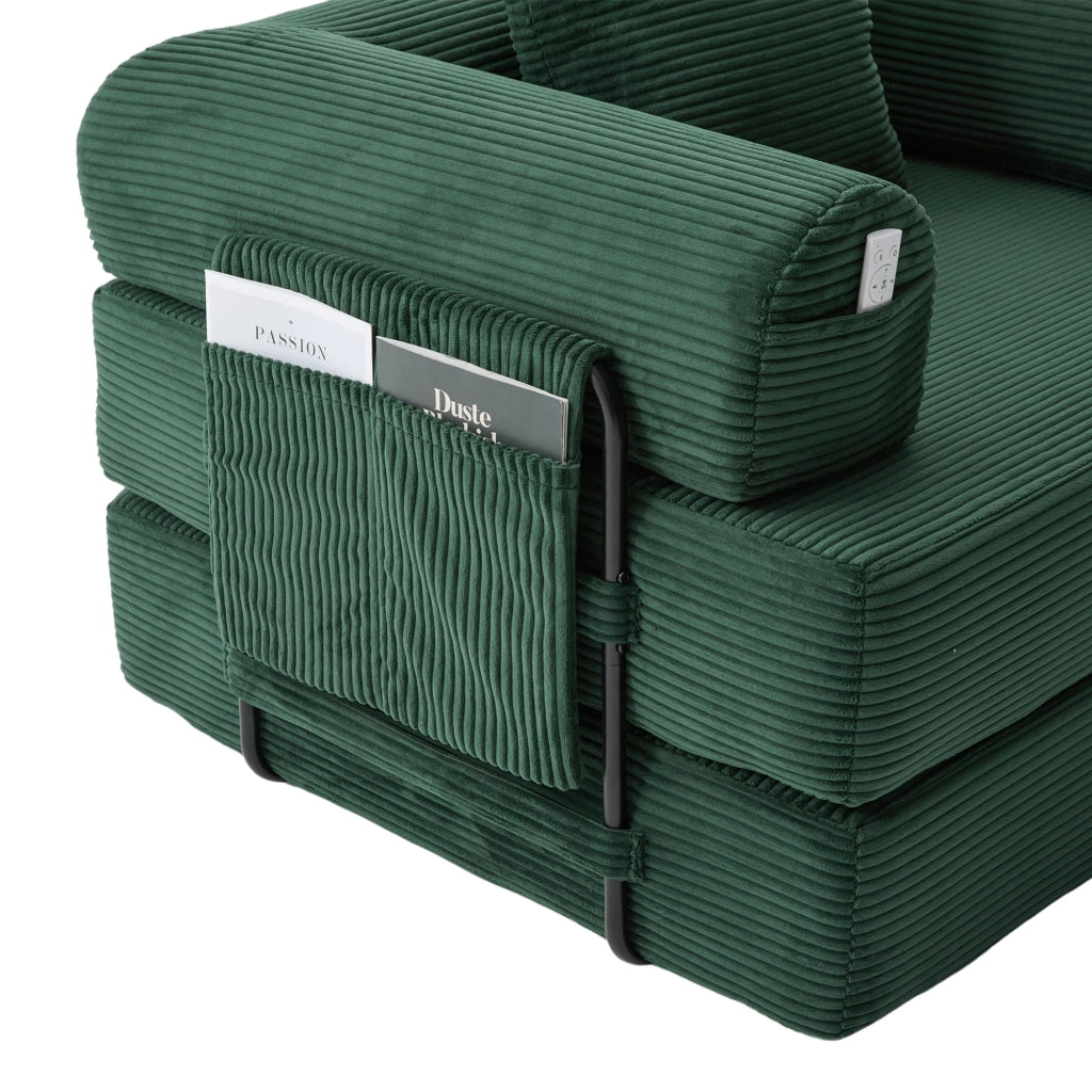 Divano modulare con tasca laterale e cuscino, seduta ergonomica in velluto a coste, Verde smeraldo