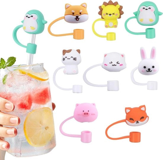Copricapo riciclabile per canne di silicone - 8 pezzi - impermeabile - adatto per canne di 6-8 mm - con disegno cartoon - colorato - per festeggiamenti - stile B.