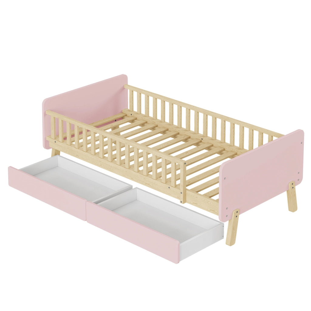 Letto Singolo con 2 Cassetti ¨C MINIMAL ¨C Massello Rosa 90x190 con Doghe