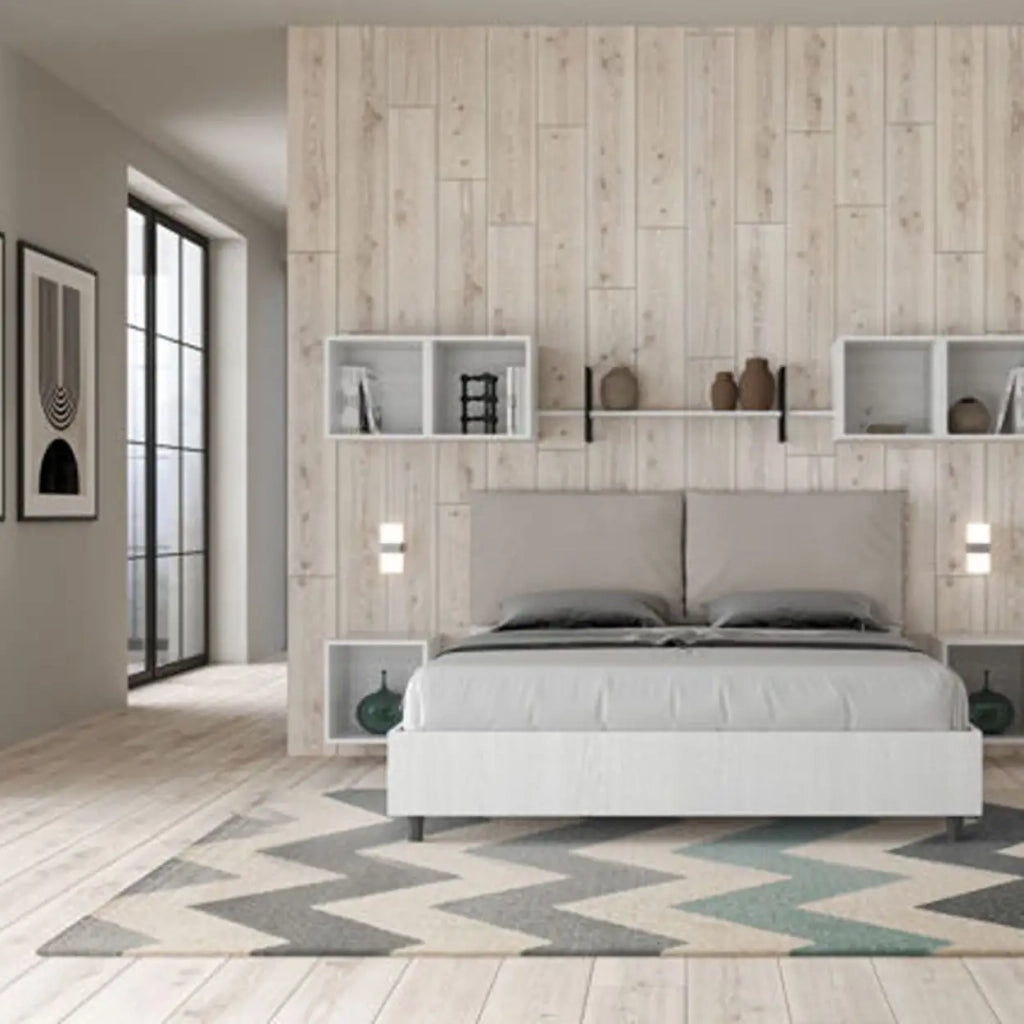 Letto matrimoniale con rete 160x200 bianco frassino cuscini similpelle tortora Egos Antea