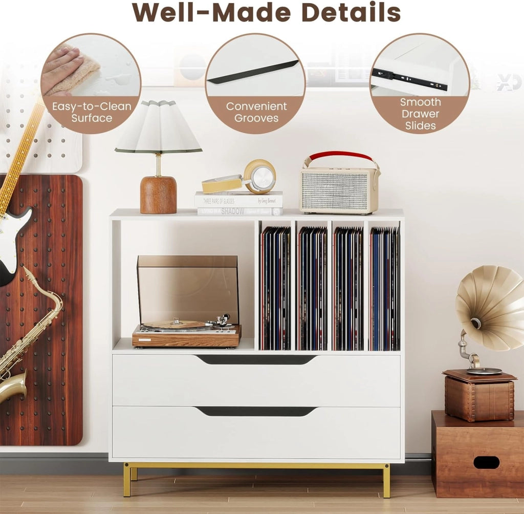 Mobile in vinile con scomparti aperti, 4 separatori, gambe metalliche e cassetti, mensola per dischi in legno per sala musica, soggiorno (bianco)