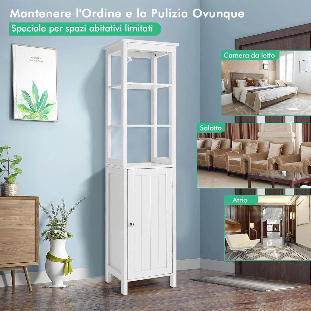 Armadio da Bagno, Organizzatore con Ripiano a 3 Livelli, con Pannello Centrale a 3 Posizioni e Meccanismo Antiribaltamento, Salvaspazio per Soggiorno Camera da Letto