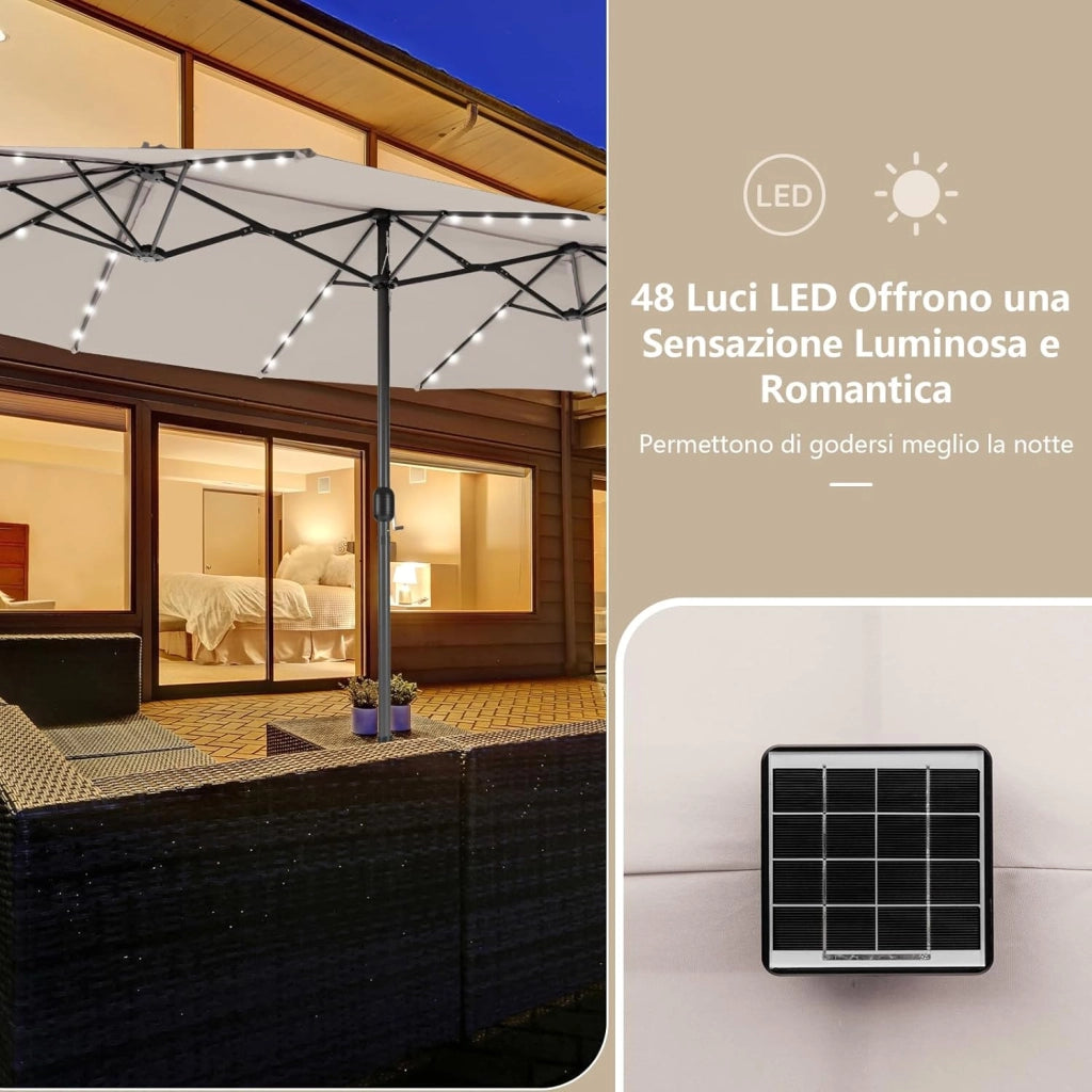 Ombrellone Doppio da Giardino 450 x 260 cm, con 48 Luci LED e 12 Stecche, Ombrellone Rettangolare con Manovella, per Giardino Piscina Cortile (Beige)