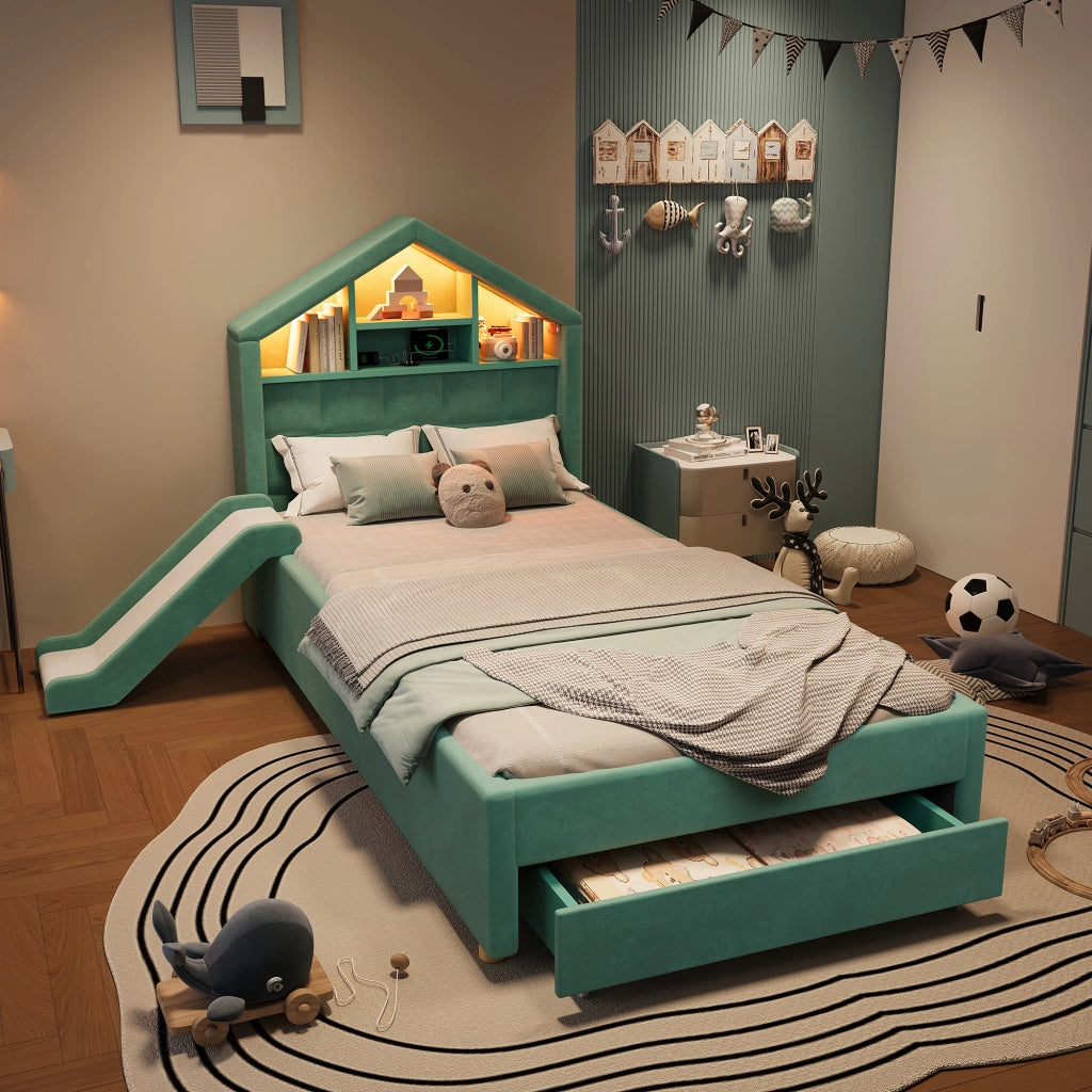 letto per bambini velluto blu verde 90 x 200 cm