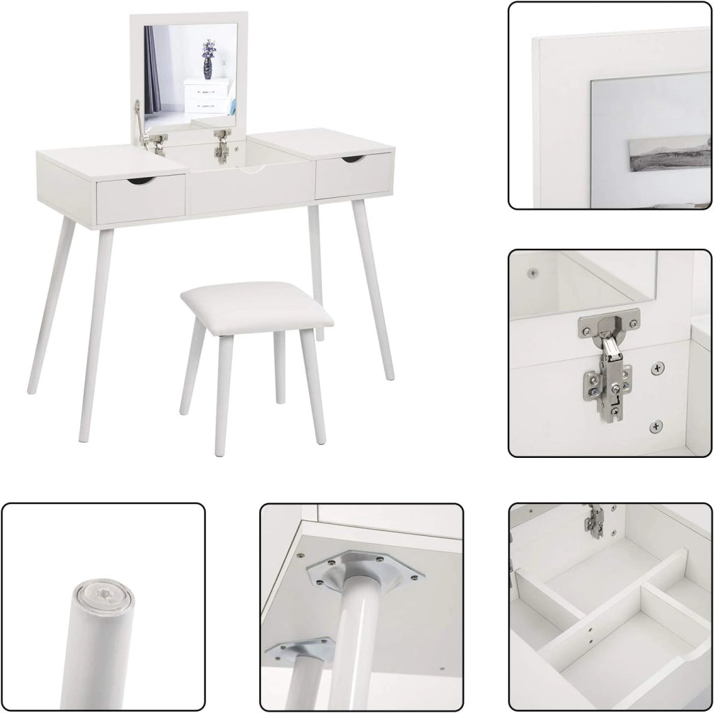 EUGAD Toeletta da Trucco con Specchio Pieghevole, Tavolo da Toeletta con Sgabello ben Imbottito, Scrivania con 2 Cassetti, Moderno, Legno, Bianco, 100x40x75 cm