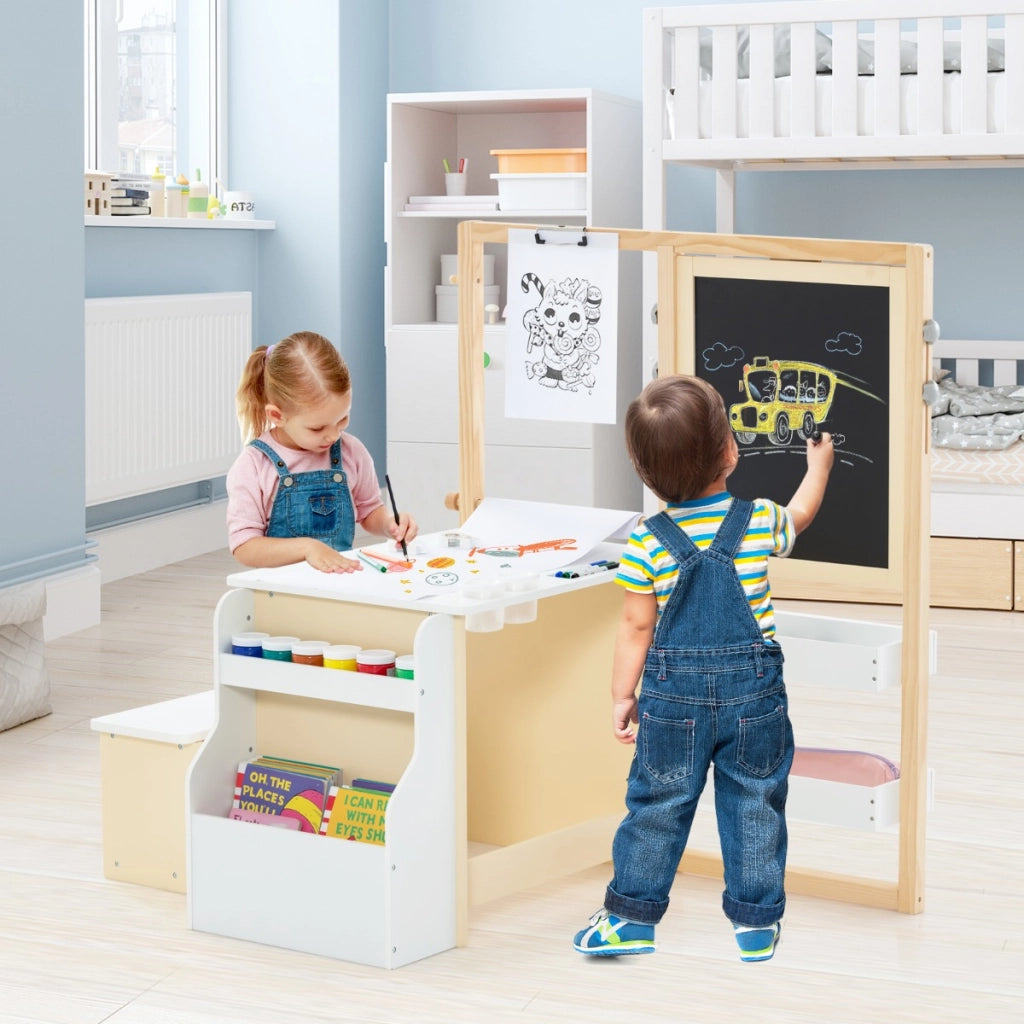 Set tavolo e panca per bambini con cavalletto regolabile a doppia faccia, Centro artistico in legno 114x81x100cm Bianco-Tavoli e sedie