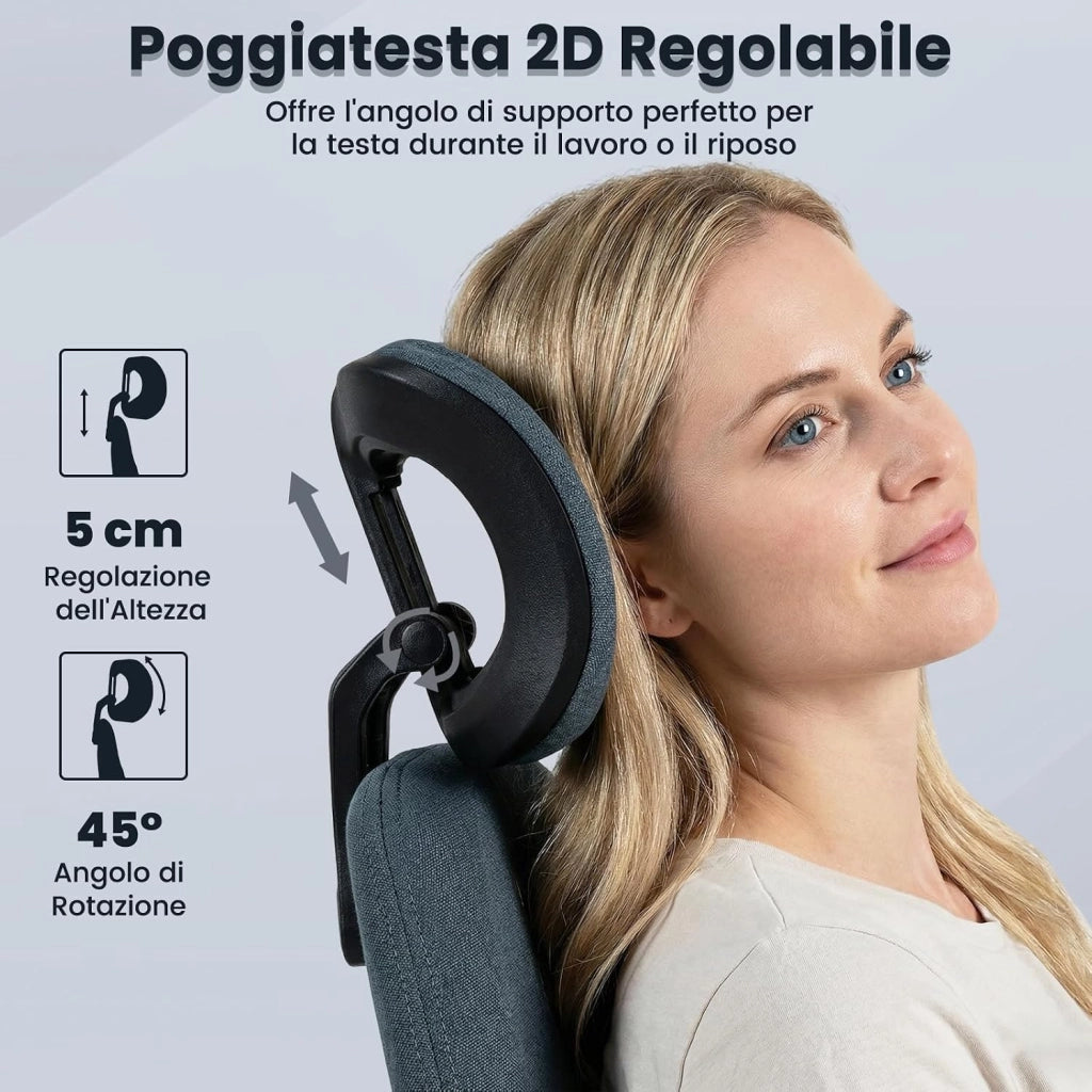 Sedia da Ufficio Ergonomica, Sedia da Scrivania in Tessuto di Lino con Poggiatesta 2D, Schienale Oscillante e Ruote, Poltrona da Lavoro Regolabile Girevole, Portata 150 kg (Blu)