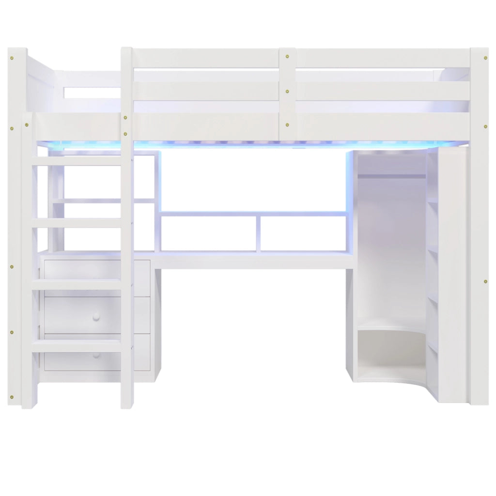 OKWISH Letto A Soppalco 90×200 cm, Letto Singolo con LED Regolabile, Armadio, Scrivania, 3 Cassetti e Scomparti, senza Materasso, Bianco