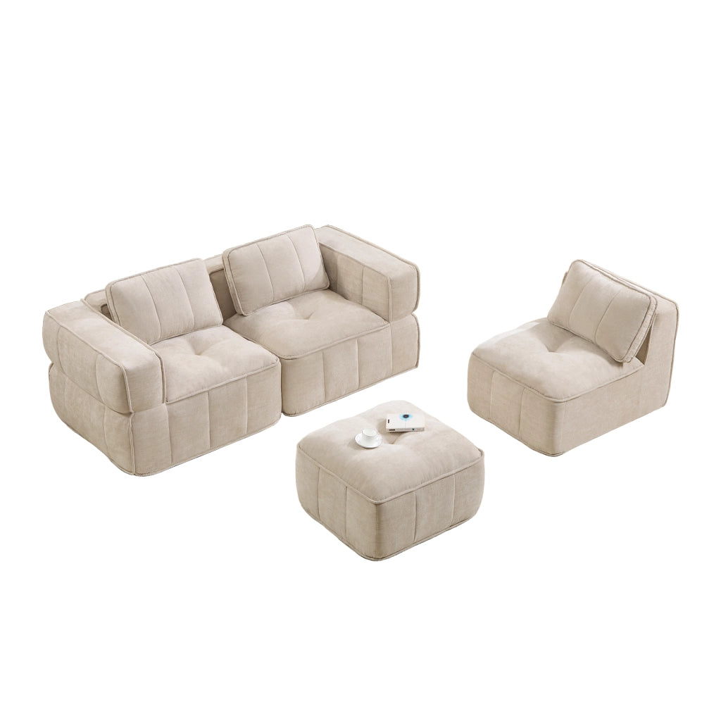Divano modulare angolare a 3 posti con 1 pouf senza telaio e seduta profonda in poliestere beige per soggiorno