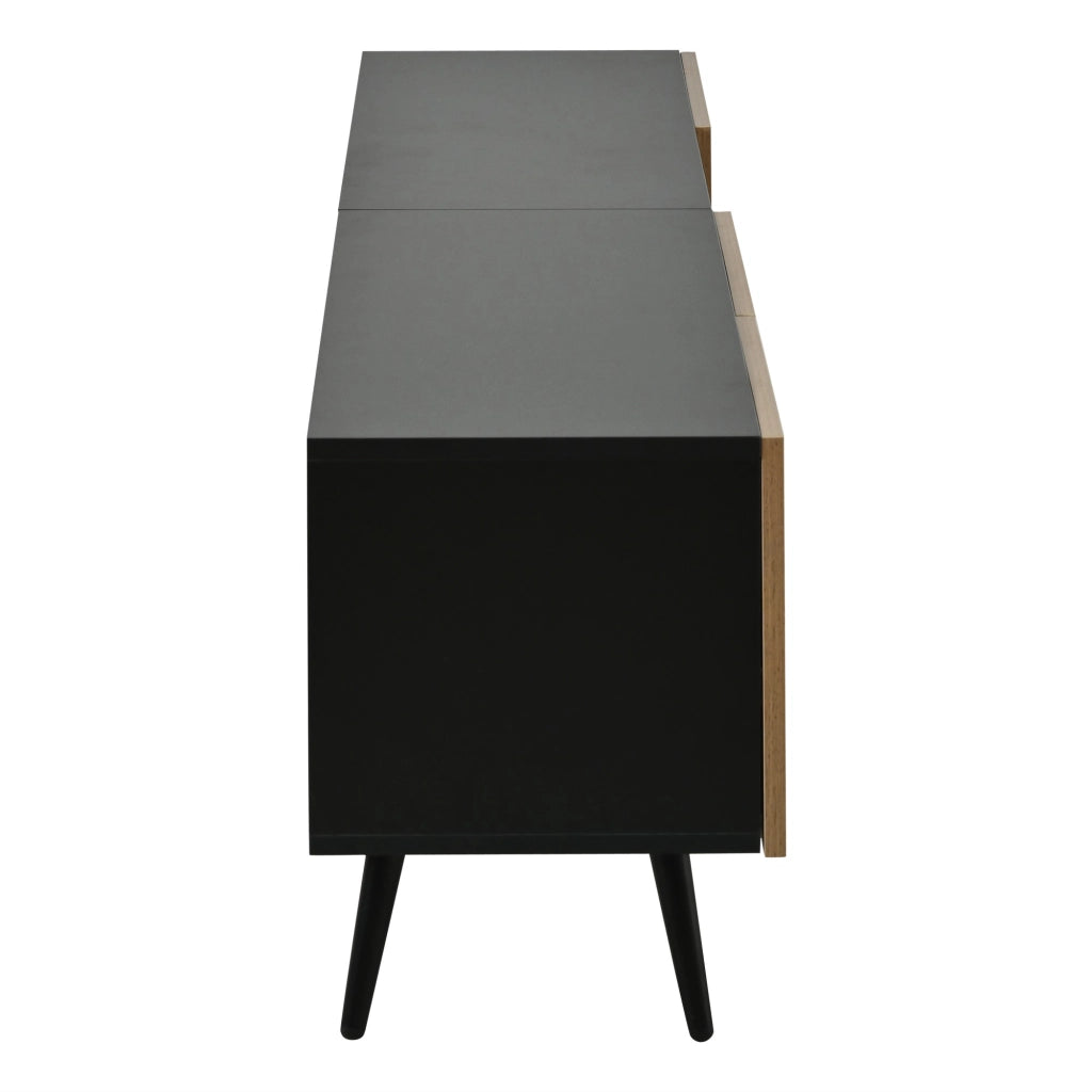 Mobile TV, cerniere silenziose, ripiani a vista, finitura effetto legno, colore legno naturale e nero