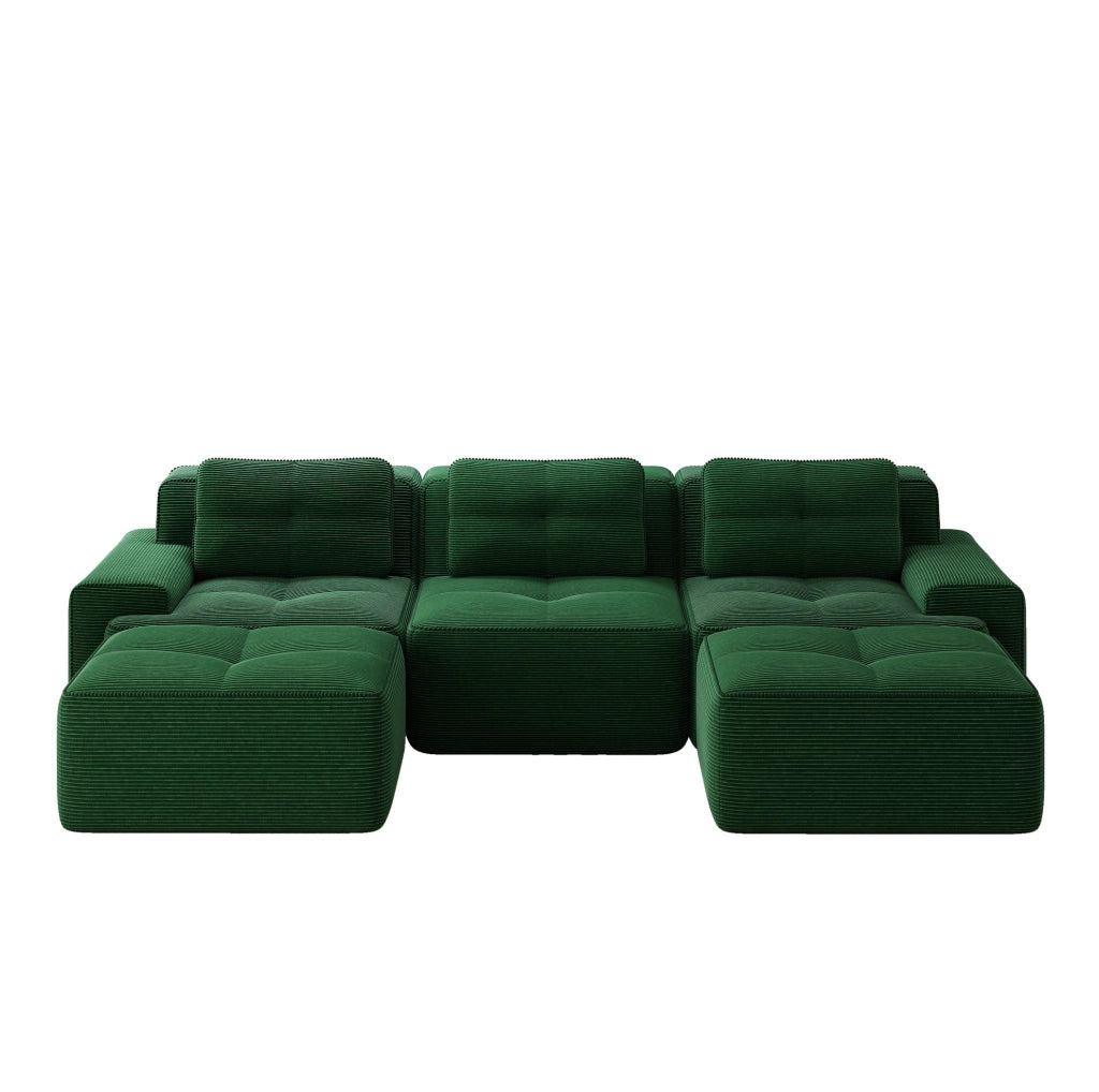 Divano modulare 293x177x69 cm in velluto a coste verde; seduta profonda e base antiscivolo