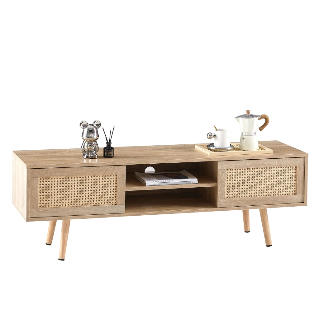 Mobile TV 1400x40x45 cm con ante scorrevoli e ripiani regolabili in MDF naturale