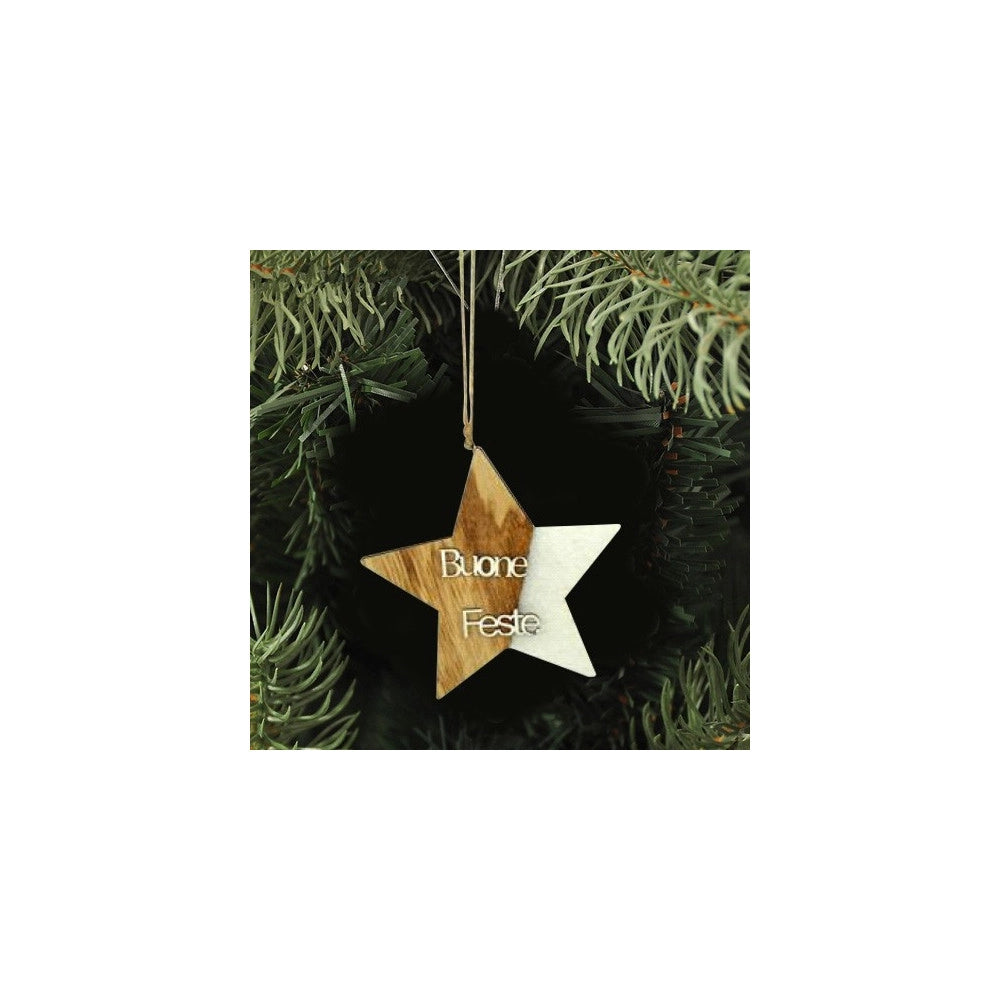Trade Shop - 4 Appendini Natale Legno Ovatta Forma Stella Albero Angelo Cuore Con Scritta Buone Feste -