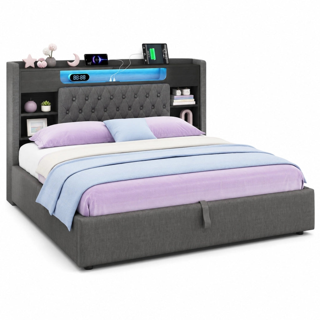 Letto matrimoniale 160x200 cm in lino grigio con LED, porte USB e contenitore