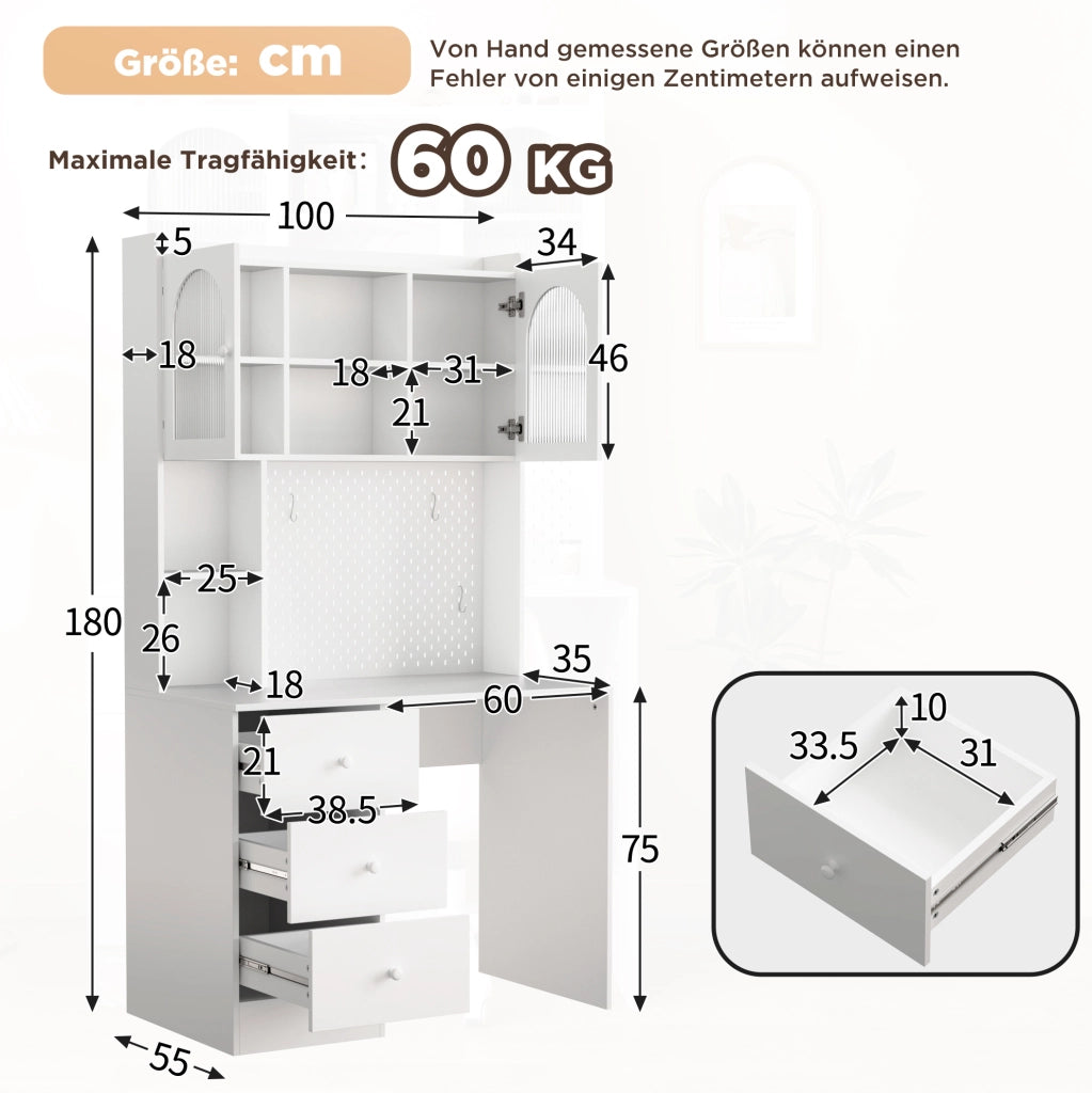 Scrivania con 3 cassetti e pannello forato， MDF bianco 100x55x180 cm