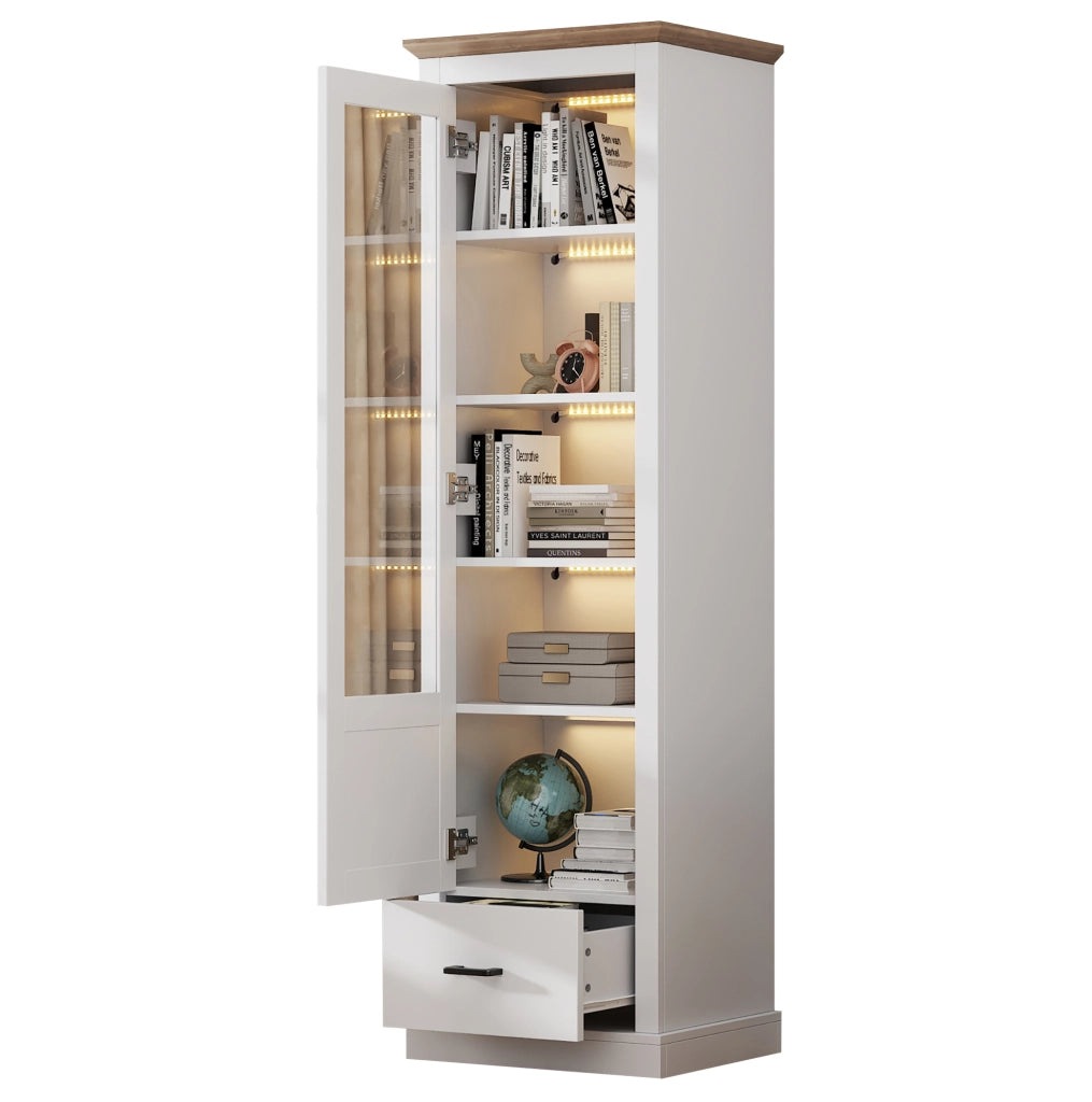 Vetrina LED con USB; 178x50x35 cm; MDF bianco opaco e vetro temprato; 5 ripiani