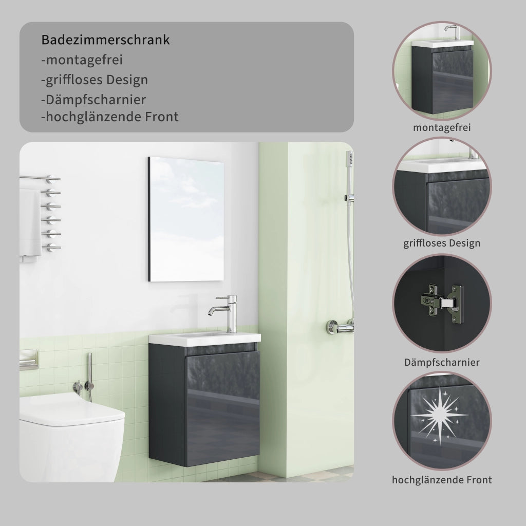 Mobile bagno con lavabo in ceramica e specchio; sospeso; senza maniglie con chiusura ammortizzata; in MDF; grigio