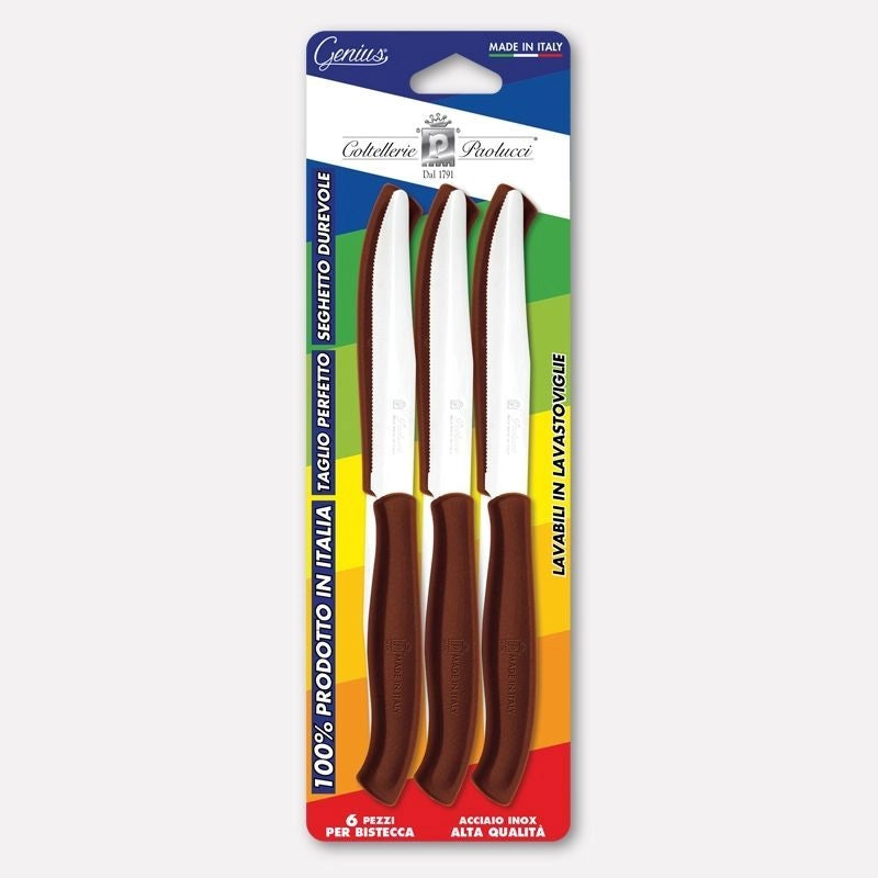 Conf da 6 coltelli bistecca con manico marrone, lama inox seghettata 11 cm