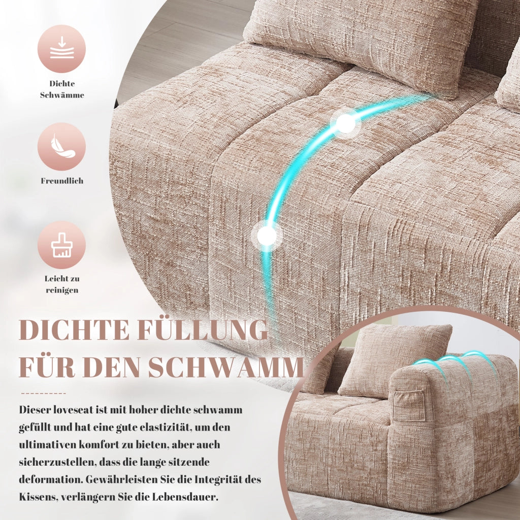 Divano 2 Posti Chaise Longue con Tasche Laterali e Cuscino, in Ciniglia Cachi 158 × 90 × 60 cm