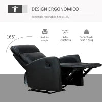 Poltrona Relax Reclinabile, Regolabile ed Ergonomica, in Pelle PU con Imbottitura, per Casa e Ufficio, 65x92x100 cm, Nera