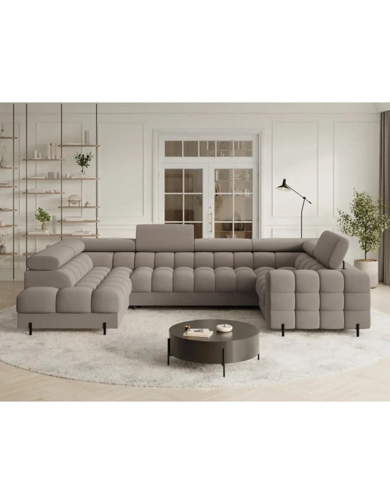 Divano panoramico convertibile FACTORY 3 posti beige – angolo sinistro con vano contenitore – versione 2