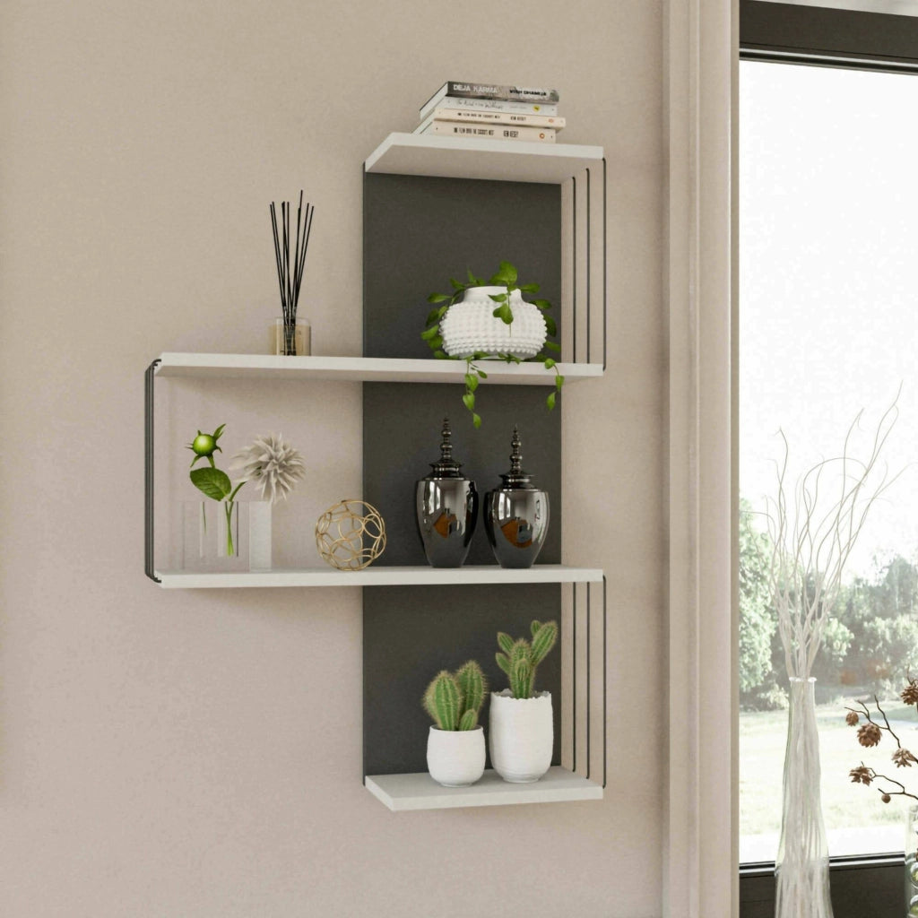 Mensola Batilda, Scaffale, Ripiano a muro, Scaffalatura multiuso, 64x19h96 cm, Bianco e Antracite