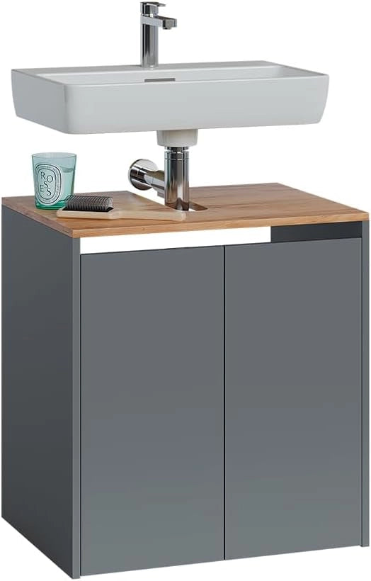 Mobile sottolavabo per bagno Viktor, Antracite/quercia dorata, 60.2 x 65 cm, con foro per sifone e ripiano interno regolabile in altezza