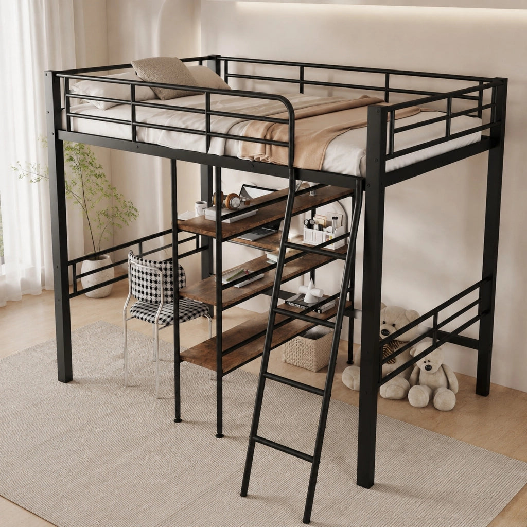 LETTO a soppalco 90x200 cm in metallo nero con scrivania, ripiani, scala e sponde