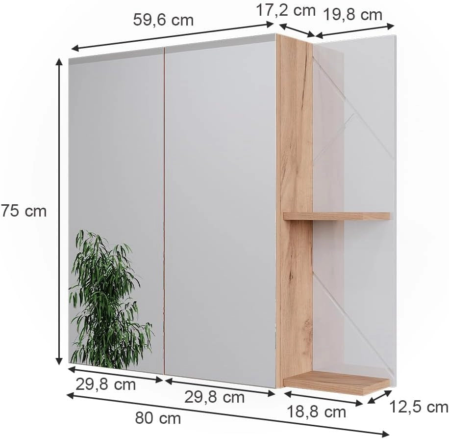 Mobile a specchio per il bagno Irma, Rovere Goldkraft/bianco lucido, 80 x 75 cm