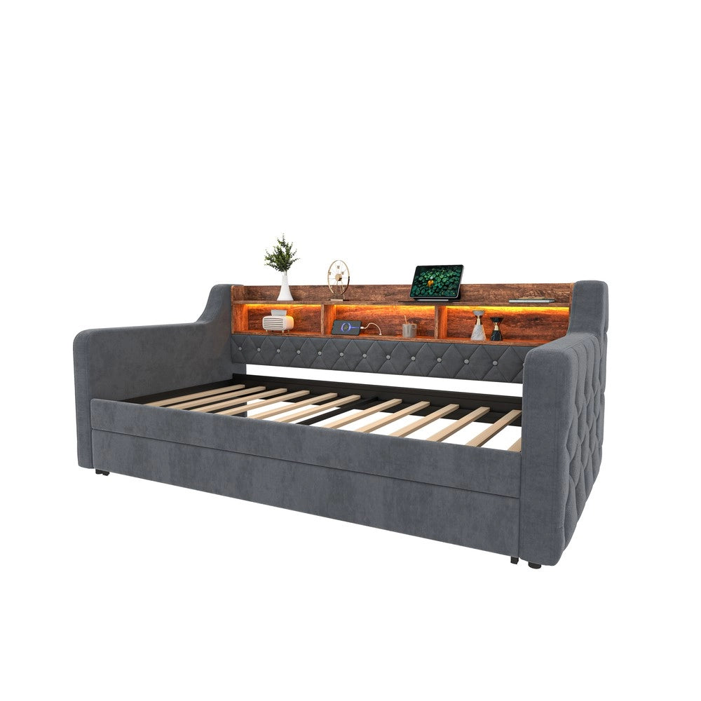 Letto Singolo Contenitore Imbottito in Velluto con LED e USB ¨C MINIMAL ¨C Grigio 90x190