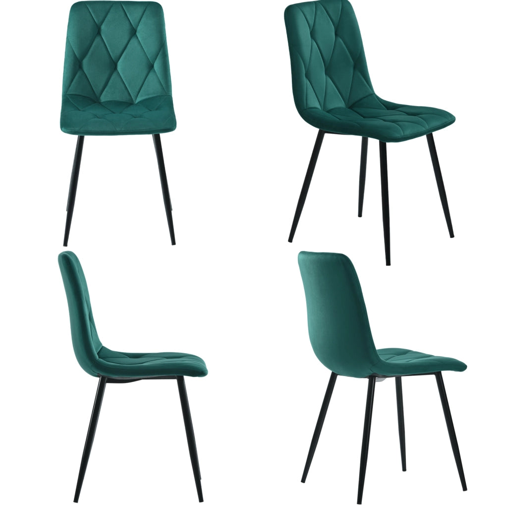 Set da pranzo con tavolo rettangolare 117x68 cm e 4 sedie in velluto verde scuro con gambe in metallo nero