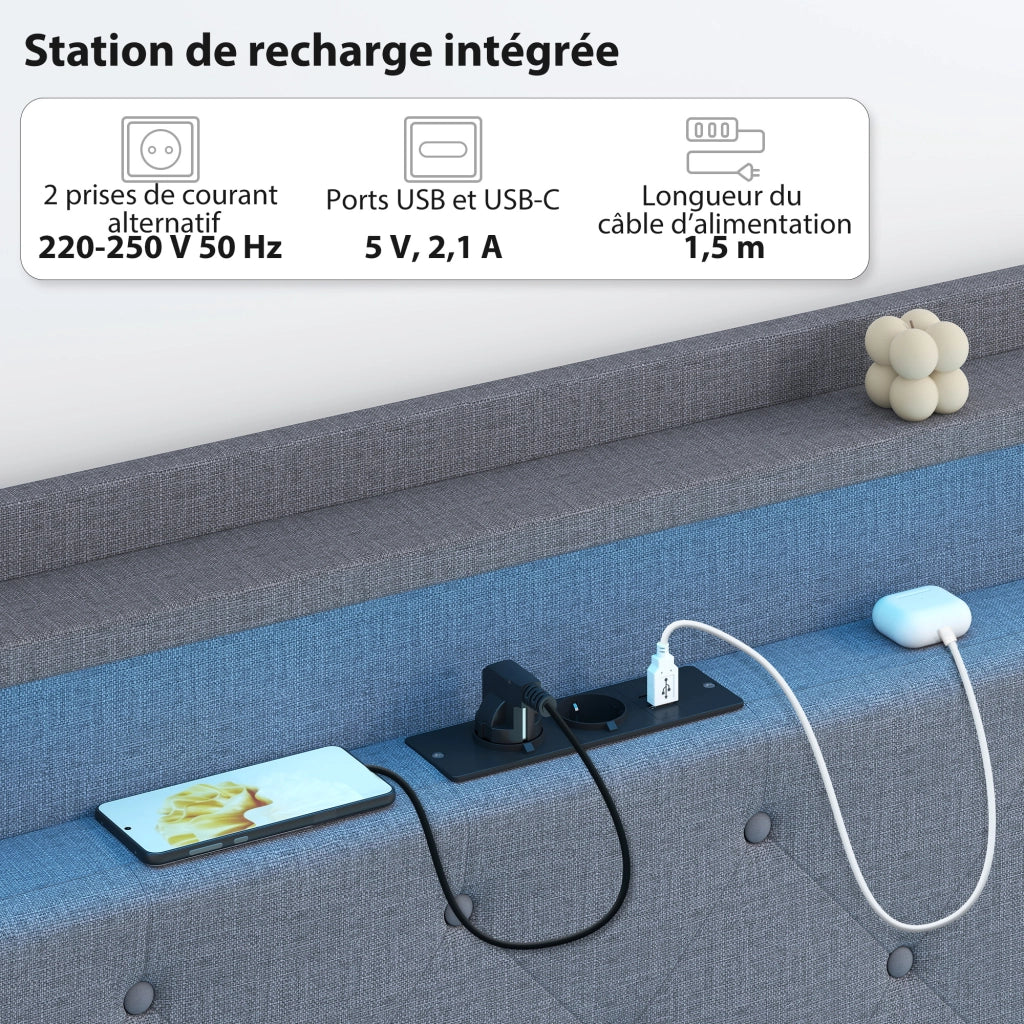 Letto Matrimoniale con Luci LED e Stazione di Ricarica ¨C Zephmum ¨C Grigio 140x190 cm