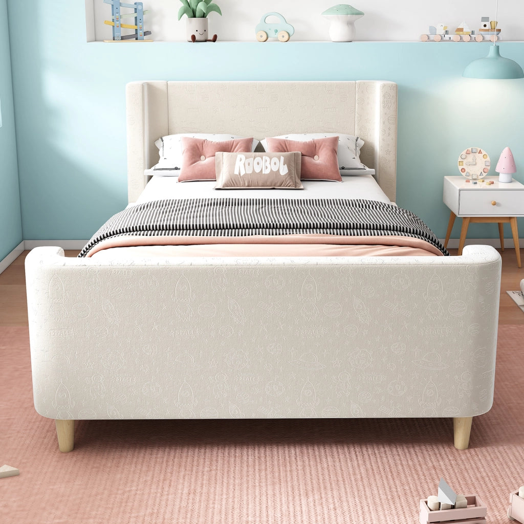 Letto singolo per bambini 90x200 cm stile slitta in velluto beige con rete a doghe