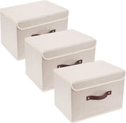 Cassetto Opportuno con coperchio, tessuto, lavabile, contenitore di archiviazione con coperchio, 38x25x25 cm, Set di 3, Beige