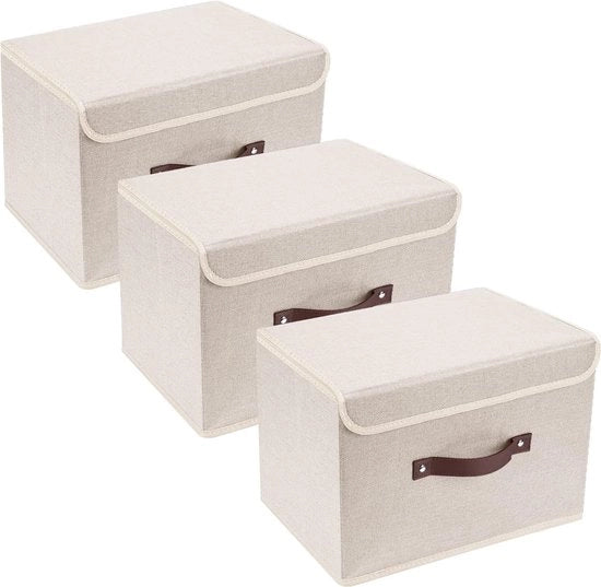 Cassetto Opportuno con coperchio, tessuto, lavabile, contenitore di archiviazione con coperchio, 38x25x25 cm, Set di 3, Beige